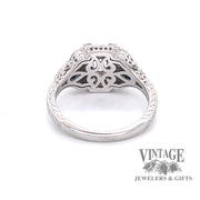 14 karat white gold diamond and sapphire hand engraved semi-mount ring, rear view of beautifully finished underside