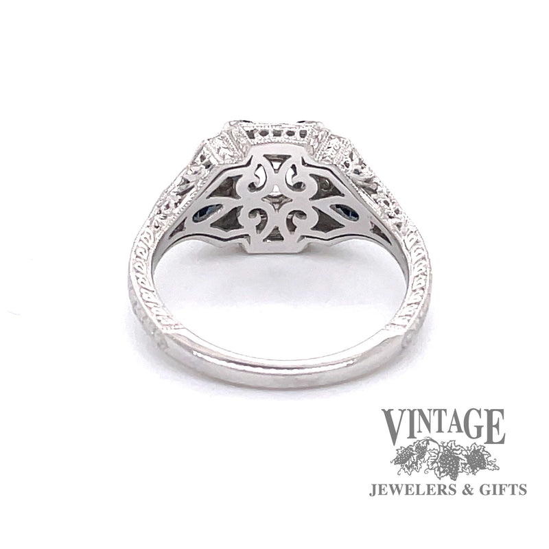 14 karat white gold diamond and sapphire hand engraved semi-mount ring, rear view of beautifully finished underside