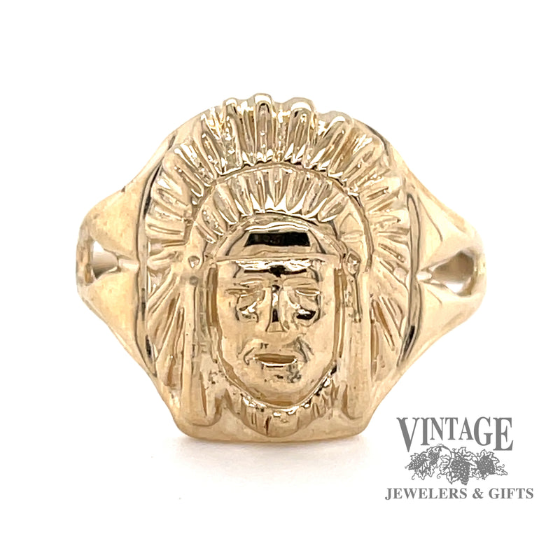  14 karat yellow gold raised relief native American chief ring