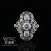 14k white gold vintage inspired filigree 3-stone diamond and sapphire ring, front