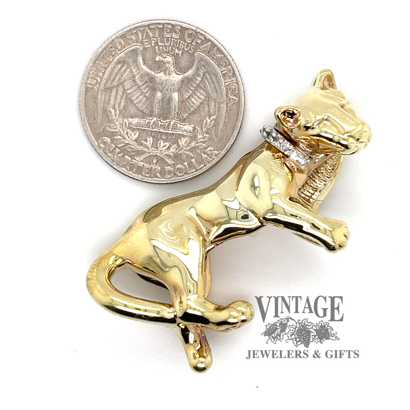 14 karat yellow gold and diamond panther slide necklace with quarter for size comparison