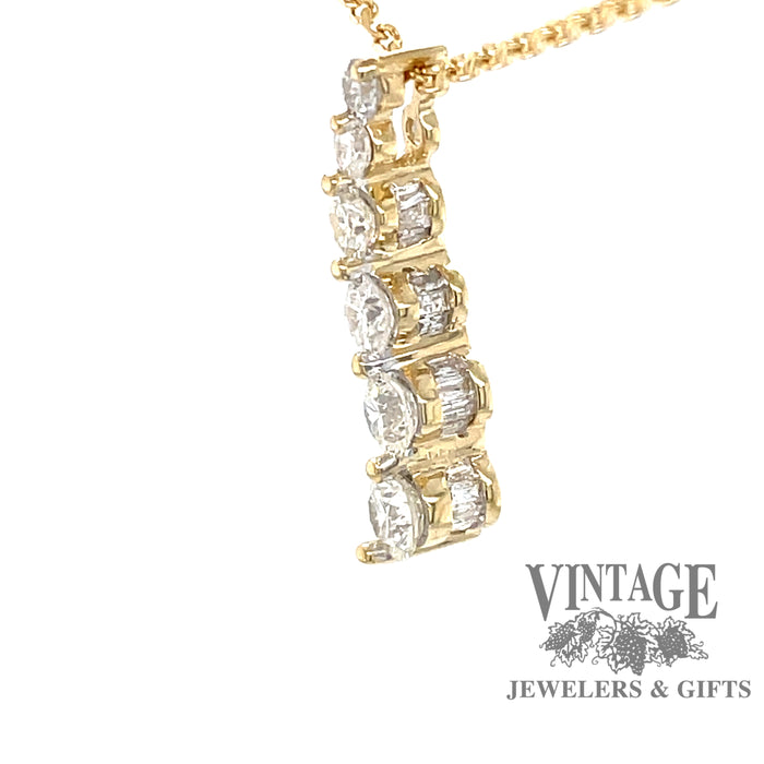 14 karat yellow gold graduated diamond "Journey" necklace,  angled view
