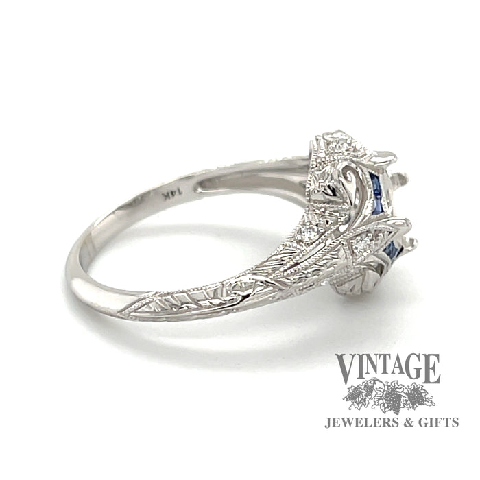 14 karat white gold hand engraved diamond and sapphire ring semi mount, side view