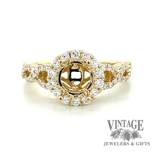 14 karat yellow gold braided shank diamond halo semi-mount ring