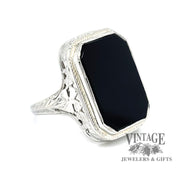 18 karat white gold vintage onyx filigree ring, angled view