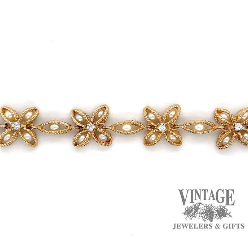 7" Pearl basket and diamond 14 karat yellow gold link bracelet