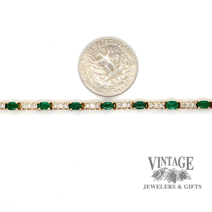 Yellow gold natural emerald and diamond tennis bracelet