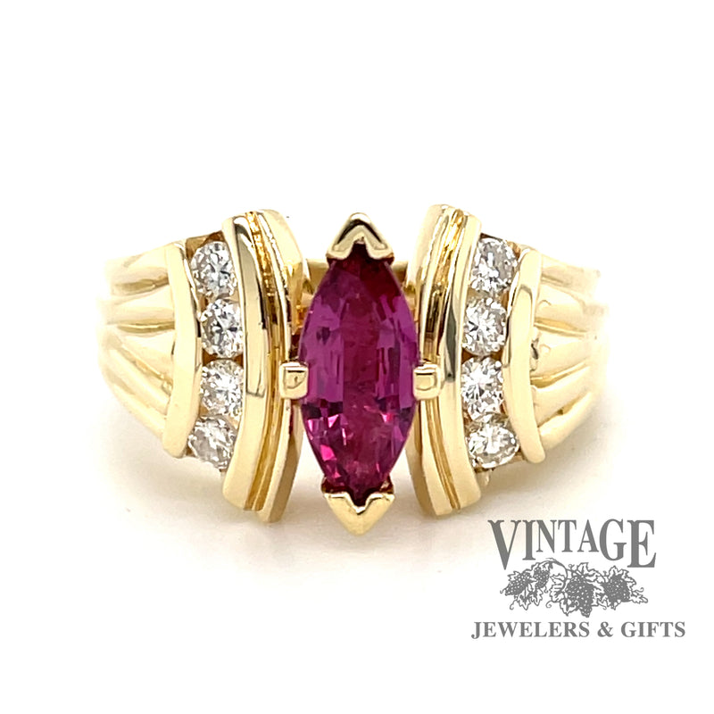 14 karat yellow gold .95 carat marquise pink tourmaline and diamond ring