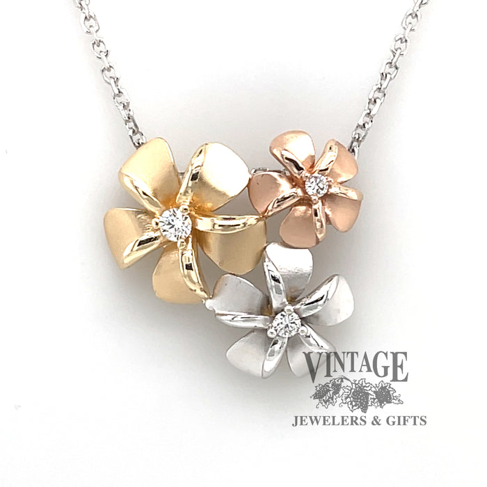 Plumeria floral diamond necklace in multi color 14k gold