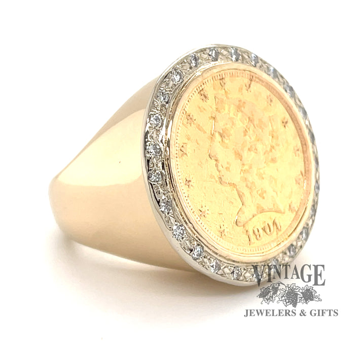 U.S. half eagle Liberty gold coin and diamond 14k ring, angled view