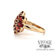 10 karat yellow gold garnet cluster ring, side view