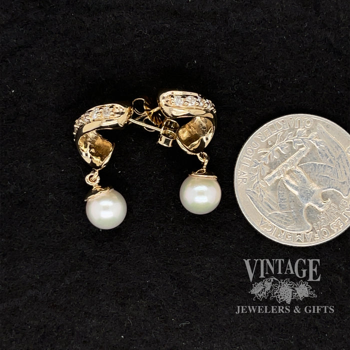 Twist 14ky gold diamond and pearl drop earrings