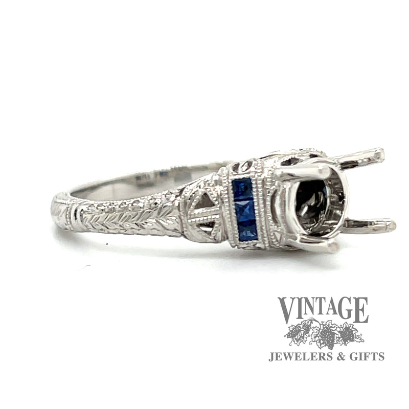 Hand Engraved platinum and sapphire vintage inspired ring
