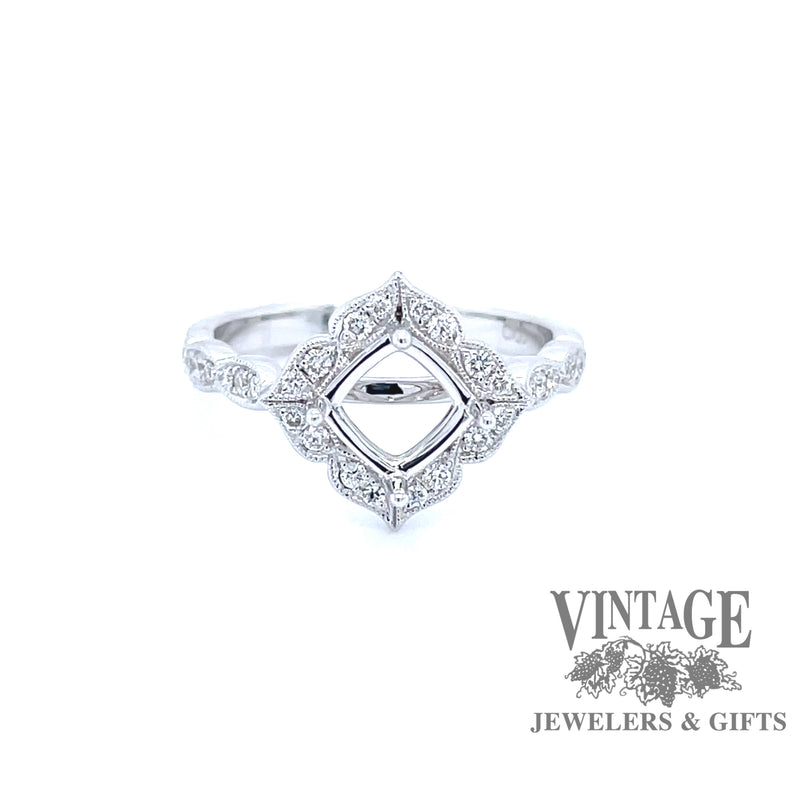 14 karat white gold halo diamond semi mount for cushion shaped stone, front view