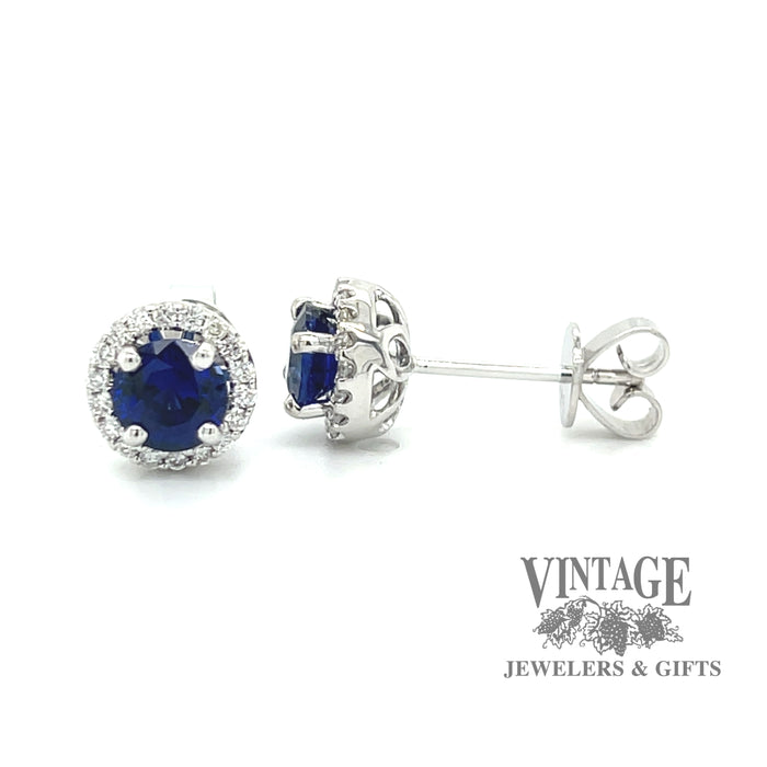 14 karat white gold blue sapphire and diamond stud earrings