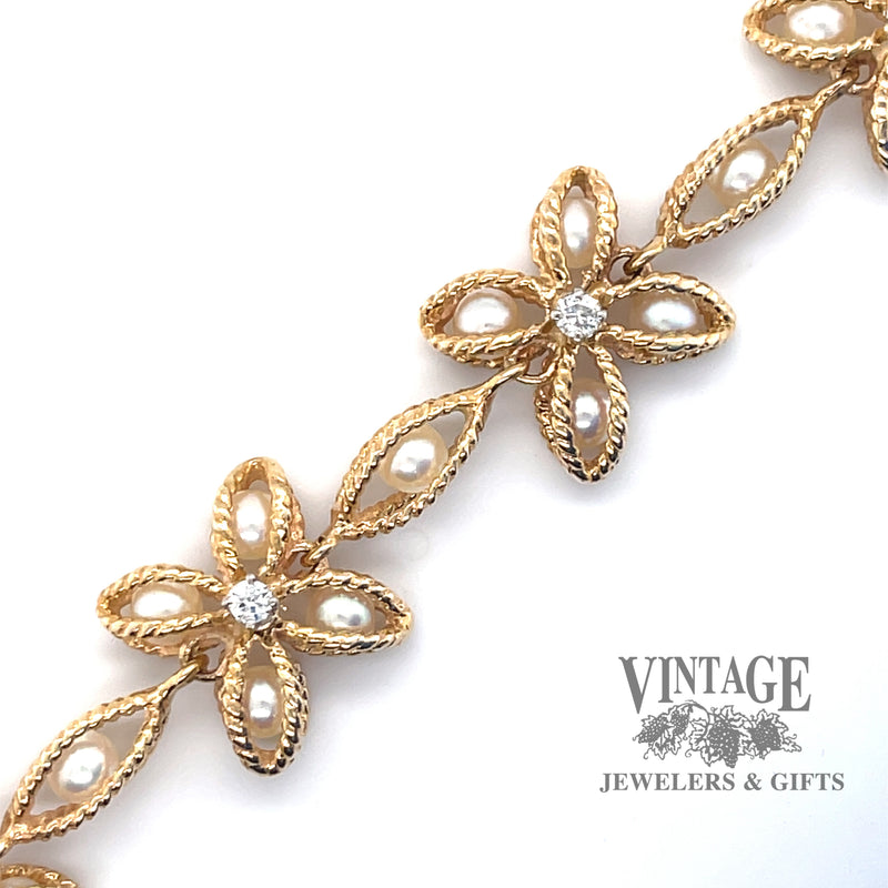 7" Pearl basket and diamond gold link bracelet