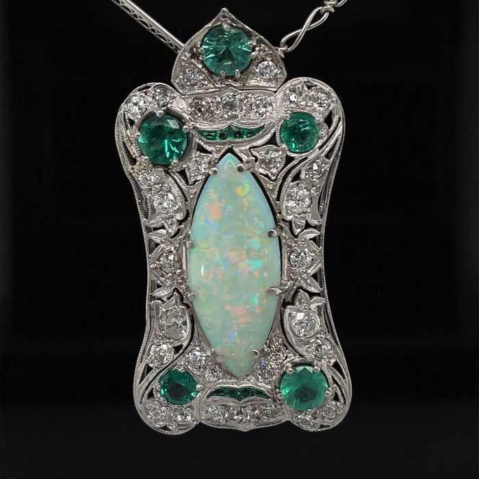 Vintage platinum opal, diamond, emerald pendant