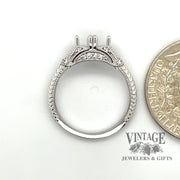 14 karat white gold Edwardian inspired diamond semi-mount ring, side view through finger, shown with quarter for size reference