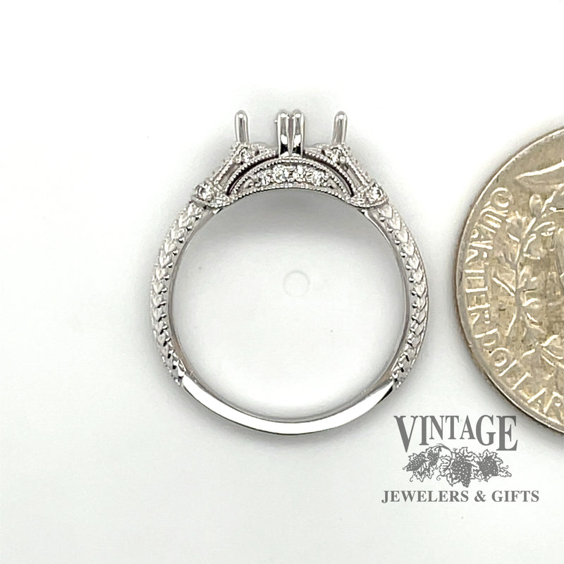 14 karat white gold Edwardian inspired diamond semi-mount ring, side view through finger, shown with quarter for size reference