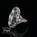 14k white gold vintage inspired filigree 3-stone diamond and sapphire ring, angled front/side view