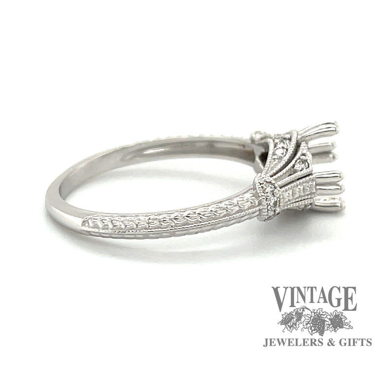 14 karat white gold Edwardian inspired diamond semi-mount ring, side view
