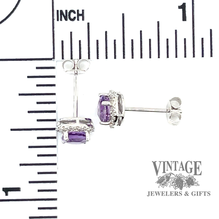 Amethyst and diamond 14kw gold halo stud earrings scale