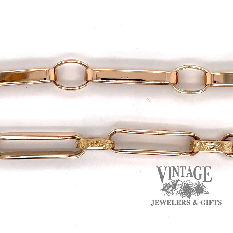 Vintage 14k gold pocket watch chain and mourning fob, showing detail of links.