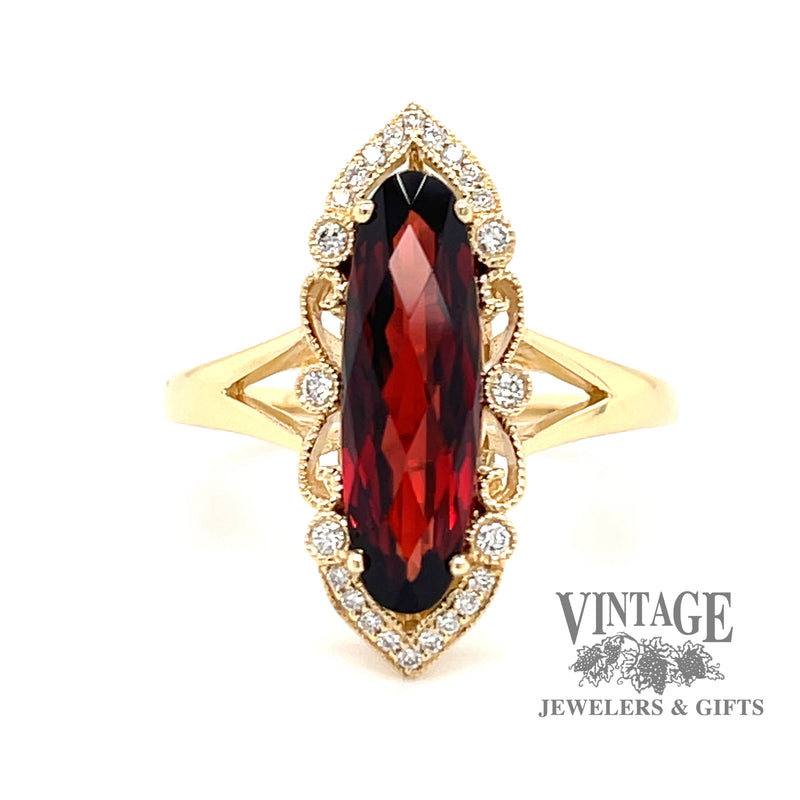 14 karat yellow gold 2.58 carat oval garnet and diamond ring