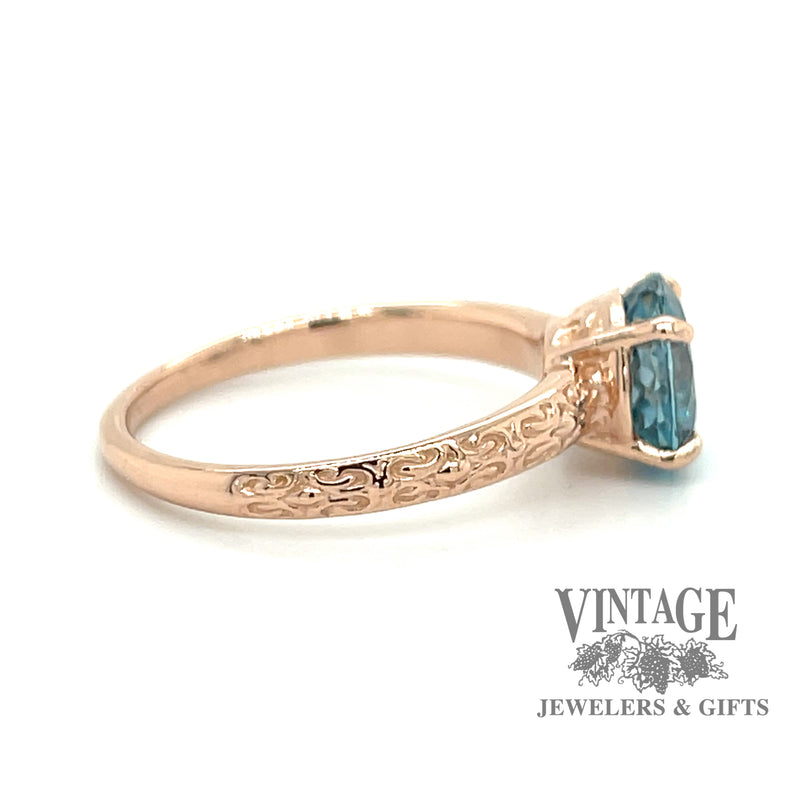 Blue zircon 14k rose gold embossed ring side
