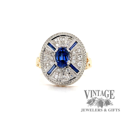 Two tone gold blue sapphire and diamond estate ring