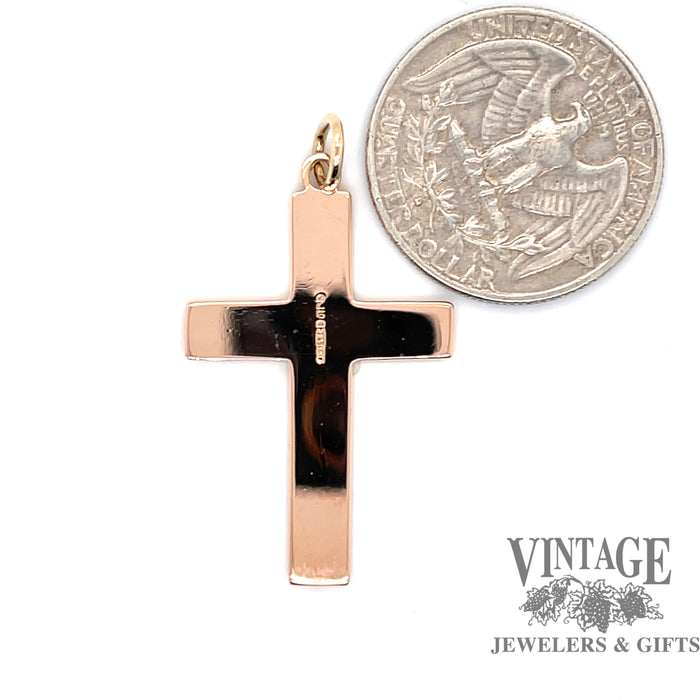 Hand engraved solid 9kr gold vintage cross pendant quarter for scale