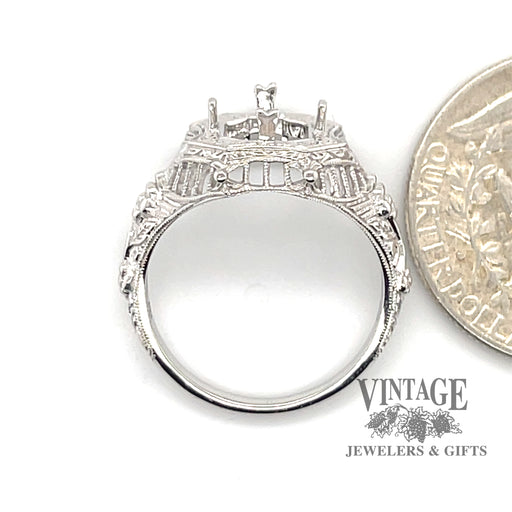 14 karat white gold Edwardian inspired filigree 9x7 mm solitaire ring mounting, side view through ring, shown with quarter for size reference