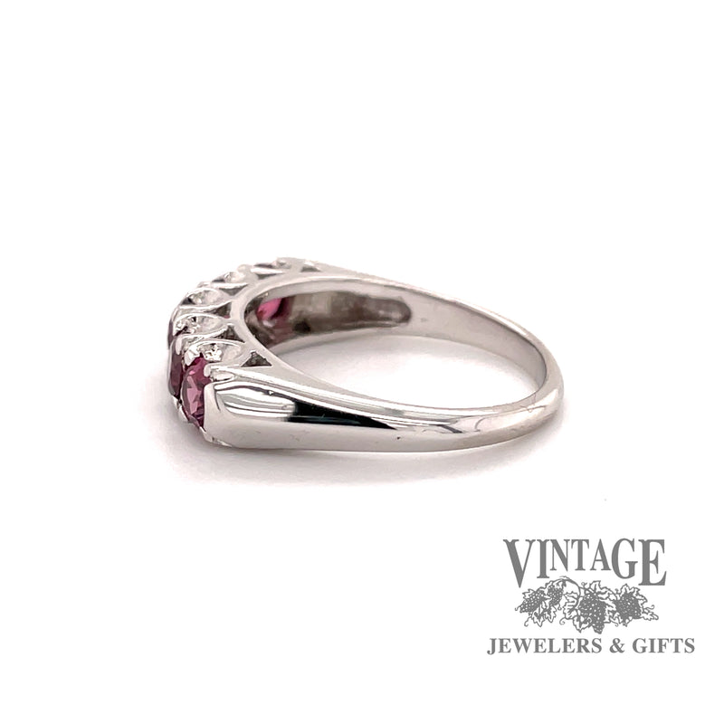 14 karat white gold estate rhodolite garnet 5 stone ring, side view