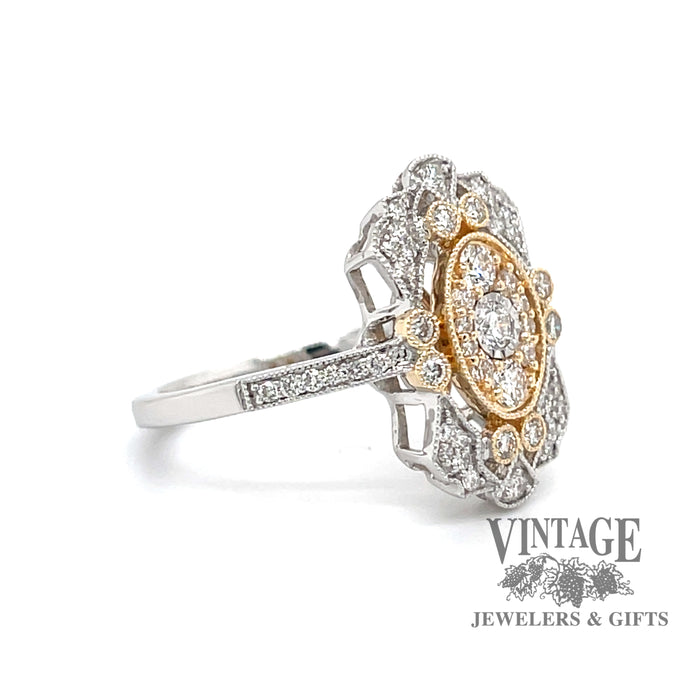 14 karat two tone .50ct vintage inspired diamond cluster ring, angled view