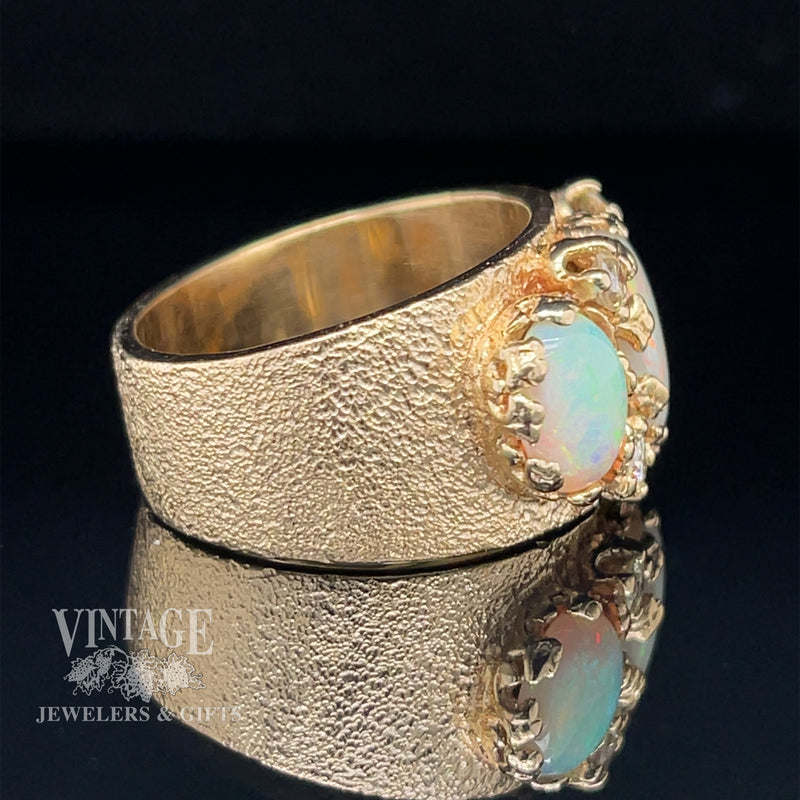 14 karat yellow gold three stone crystal opal and diamond ring, side view