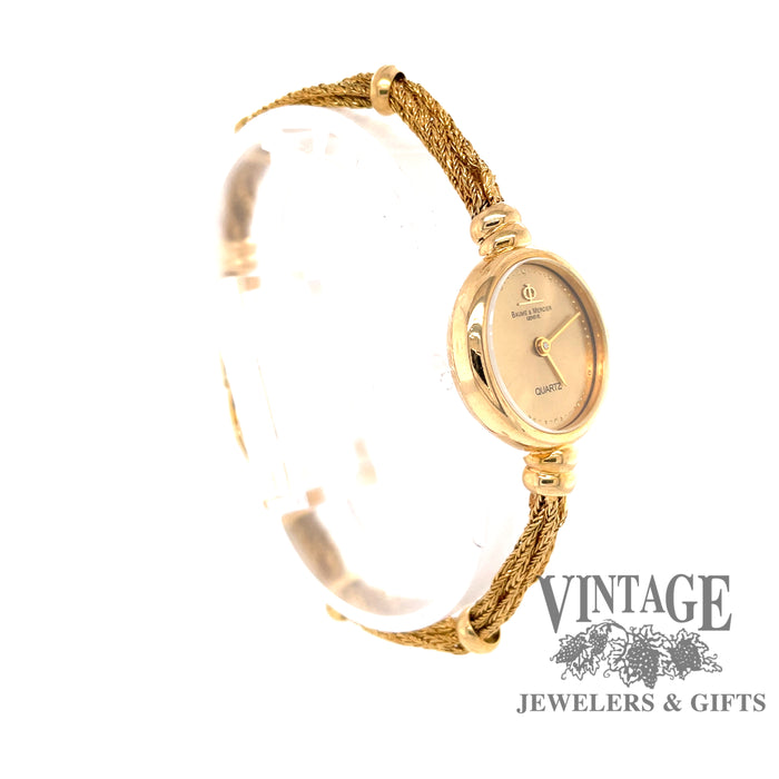 Estate 14 karat gold ladies Baume & Mercier watch with chain bracelet, side view