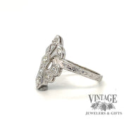 Vintage 14 karat white gold diamond ring, angled view
