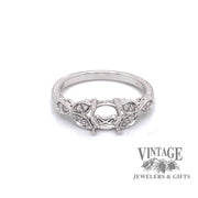 14 karat white gold, vintage inspired, leaf design diamond semi ring mounting