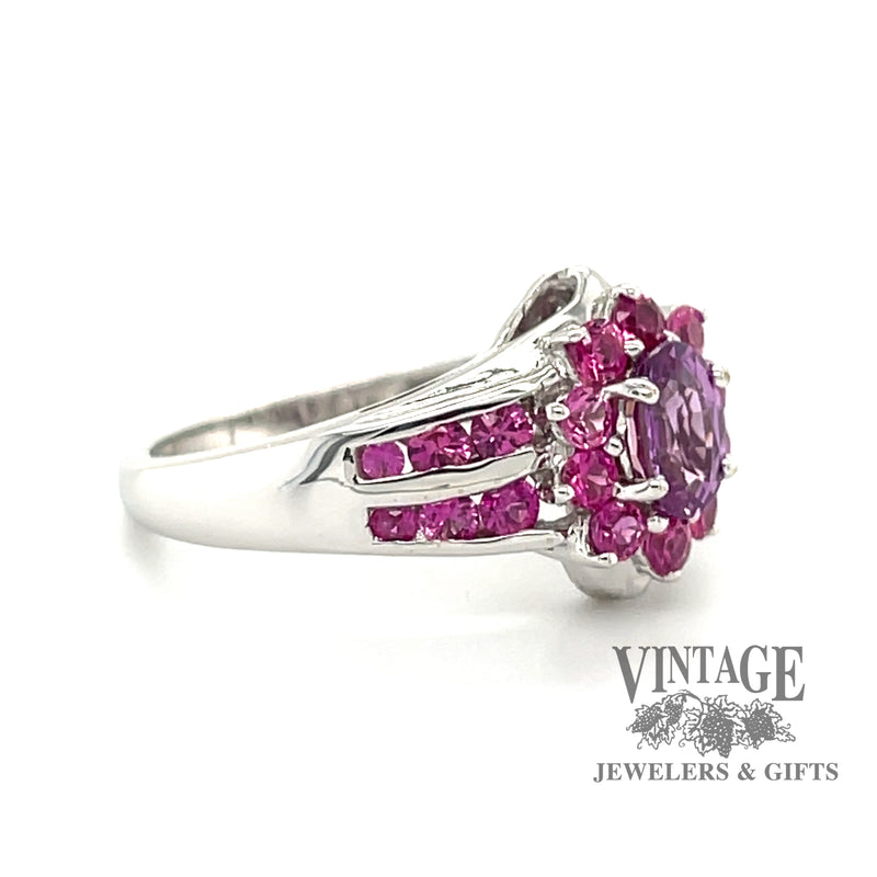 14 karat white gold Pink tourmaline and sapphire ring, angled view