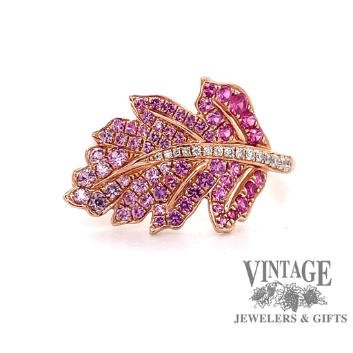 14 karat rose gold leaf design ring with pave pink sapphires and diamonds, front