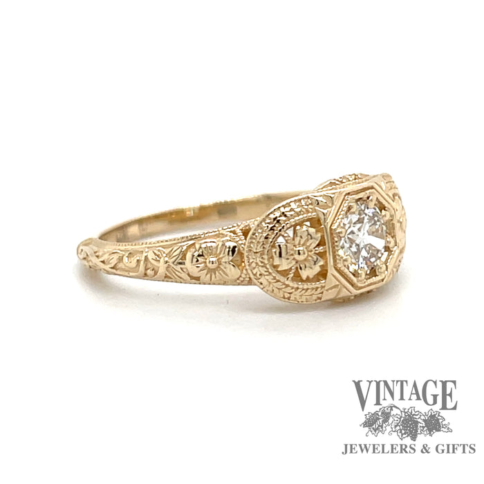 .32 carat Old European diamond 14ky gold embossed ring angle