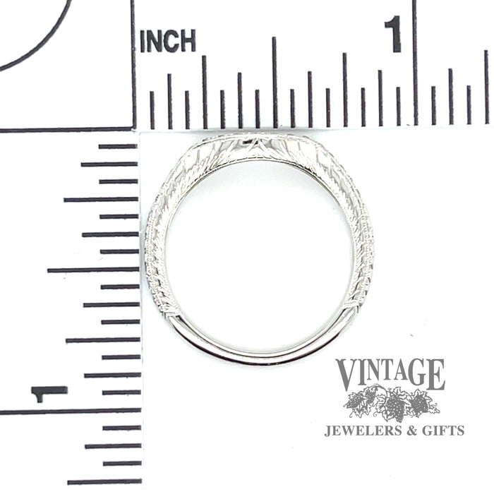 14 karat white gold curved vintage inspired diamond ring band, with measurements