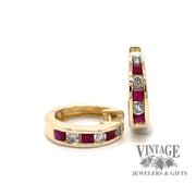 14 karat yellow gold Ruby and diamond huggie hoop earrings 