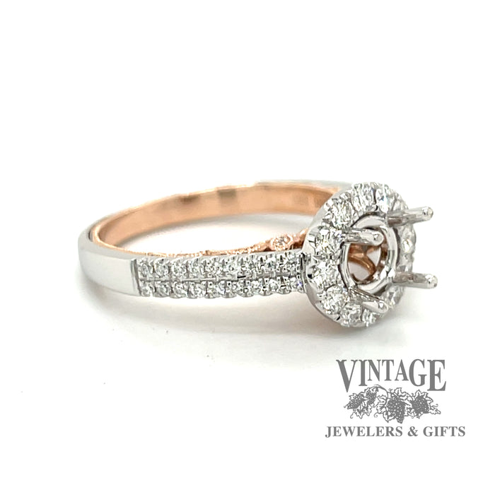 14 karat rose gold and white gold diamond halo engagement ring semi-mount, angled view