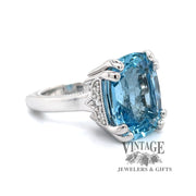 14 karat white gold custom Aquamarine and diamond ring, angled view