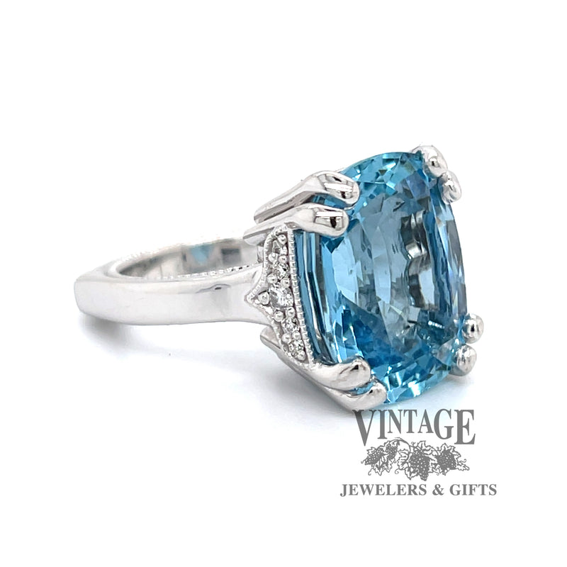 14 karat white gold custom Aquamarine and diamond ring, angled view