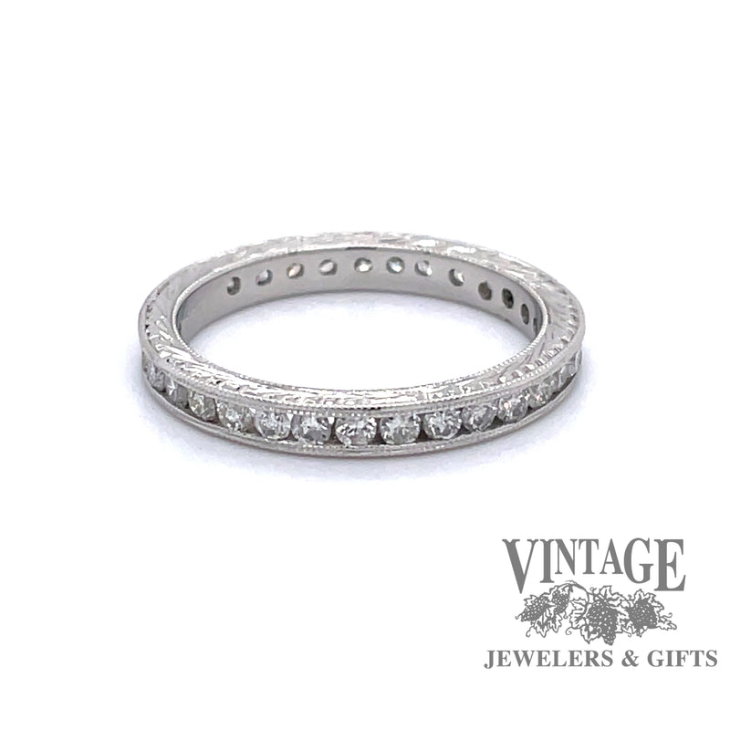 Platinum hand engraved eternity diamond band