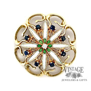 14 karat yellow gold Cloisonné glass fused sapphire and diamond pin
