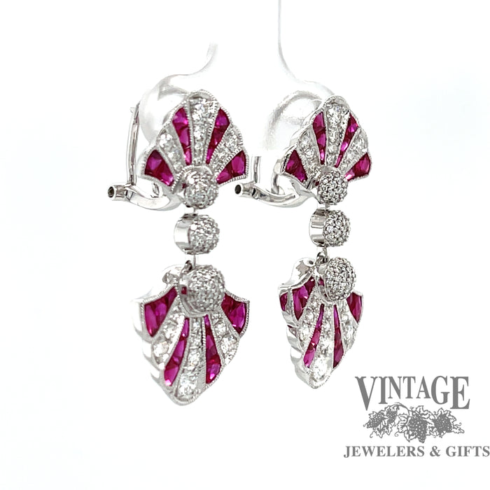 Ruby and diamond Art Deco inspired 14kw gold drop earrings