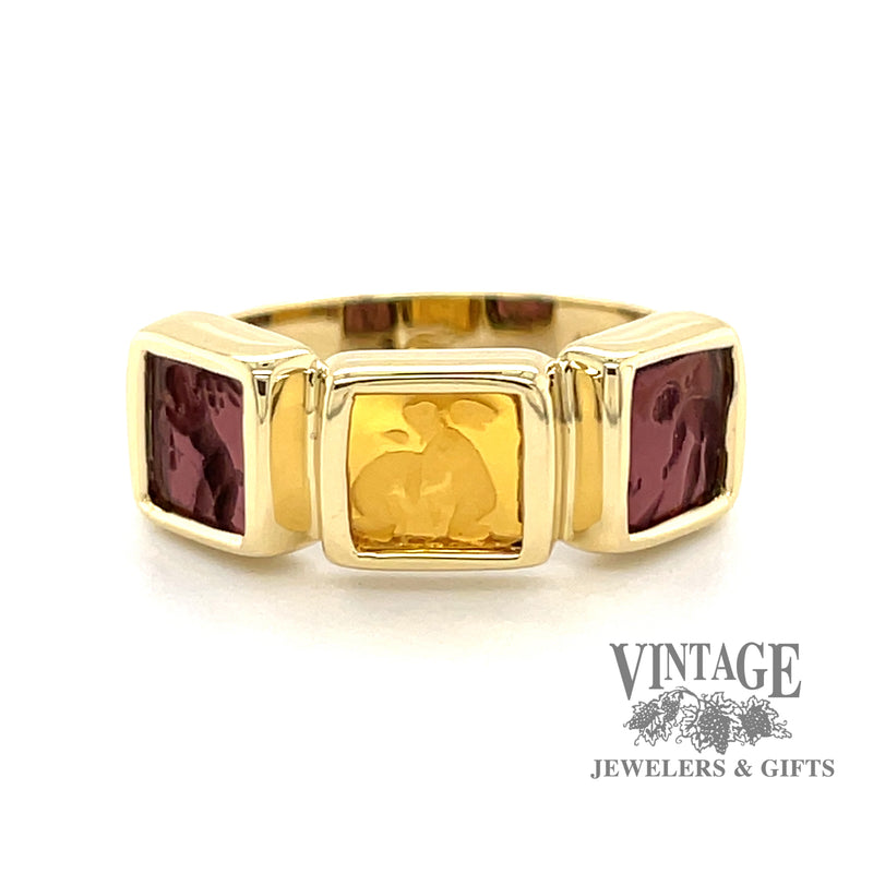 18 karat yellow gold carved cherub Intaglio three stone ring